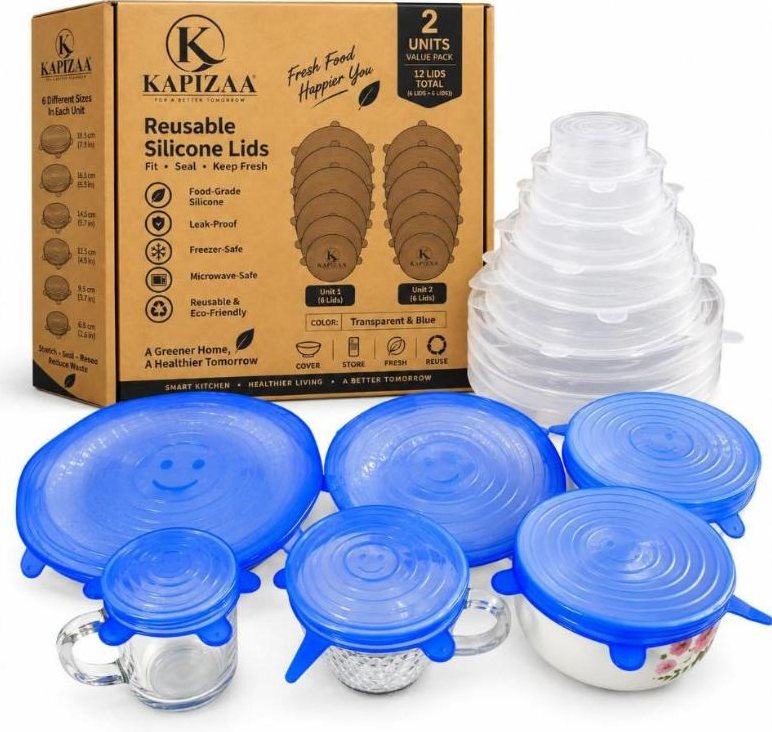 KAPIZAA Reusable Silicone Lids box with six blue lids on bowls and mugs and six transparent lids stacked